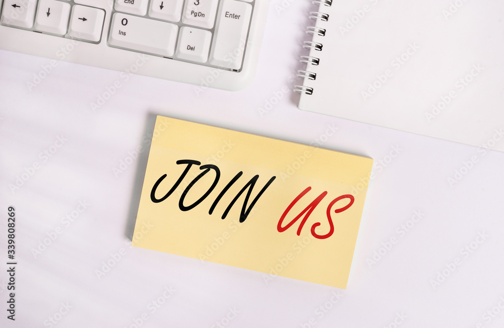 Poster text sign showing join us. business photo showcasing register in community team or blog sign up at s