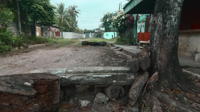 An improvised concrete bench attached to a tree blocks the dirt road of a quiet suburbs in Cadiz City, Negros Occidental, Philippines.
