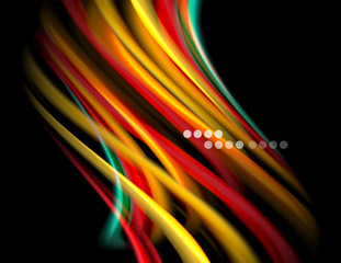 Silk smooth lines on black, liquid fluid color waves. Vector Illustration