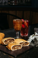 Orange iced coffee, summer cold drink in cafe on street, menu.