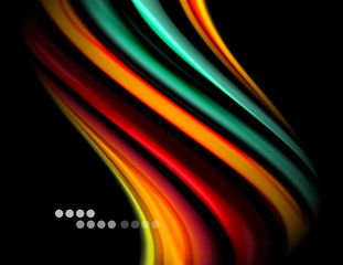 Silk smooth lines on black, liquid fluid color waves. Vector Illustration