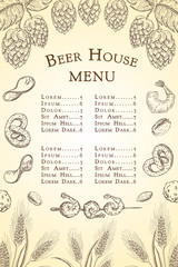 vector sketch beer bar or pub menu template. Vintage engraved beer house background. beer label with beer snacks, wheat or barley ears and hops illustration. Alcoholic beverages restaurant menu poster