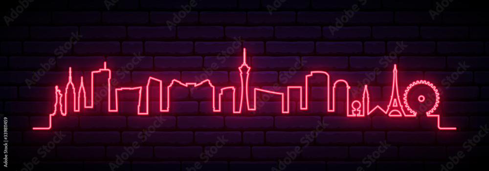 Wall mural Red neon skyline of Las Vegas city. Bright Las Vegas long banner. Vector illustration.