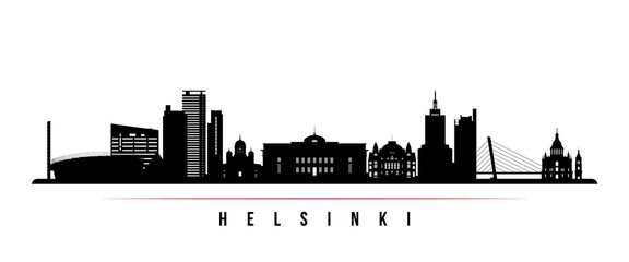Naklejka premium Helsinki skyline horizontal banner. Black and white silhouette of Helsinki, Finland. Vector template for your design.
