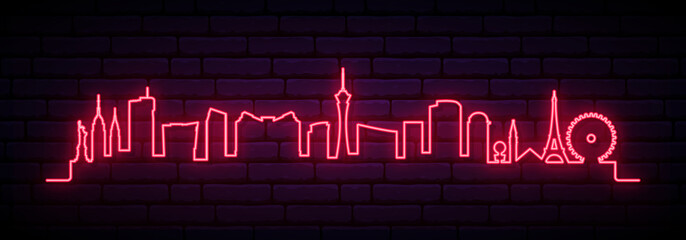 Red neon skyline of Las Vegas city. Bright Las Vegas long banner. Vector illustration. - obrazy, fototapety, plakaty