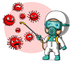 People in protective suit or clothing, spray to cleaning and disinfect corona virus