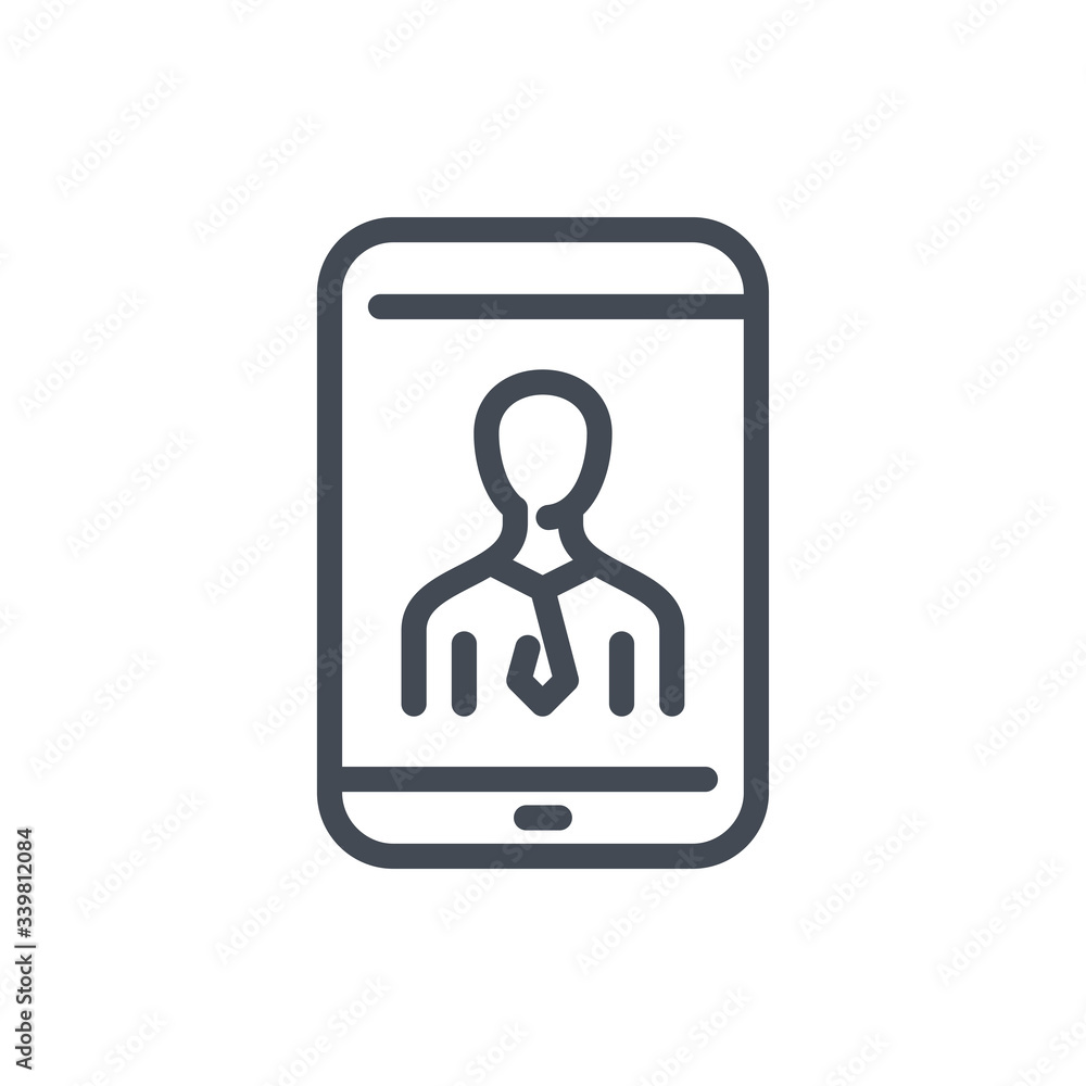 Poster user profile line icon. mobile phone with person vector outline sign.