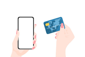 Online shopping. woman hands holding empty screen of smartphone and credit card. vector illustration.