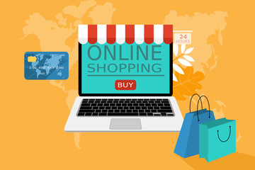 Online shopping on laptop with credit card and shopping bag on world map background. vector illustration.