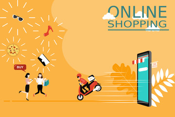 People shopping online. Online store on smartphone application. delivery man riding motorcycle shipping order to customer on yellow background. vector illustration.