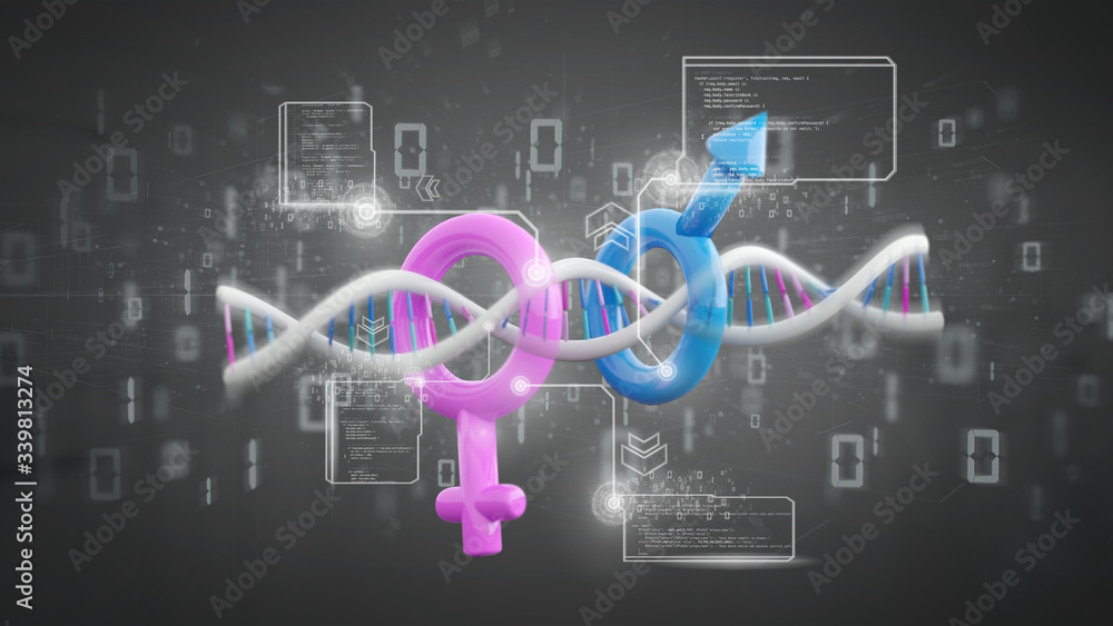 Wall mural DNA with data and male and female symbol - 3d rendering