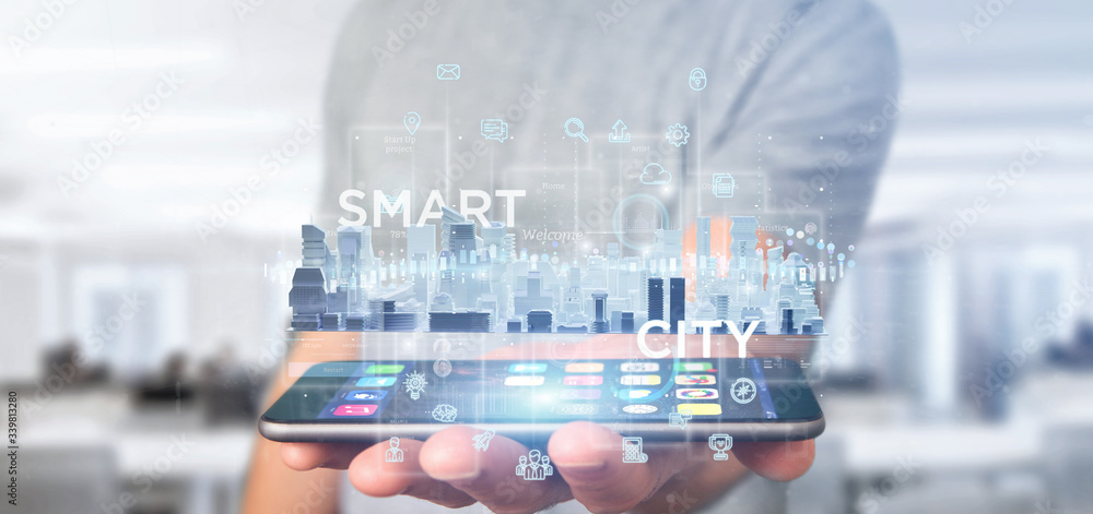 Poster businessman holding smart city user interface with icon, stats and data 3d rendering