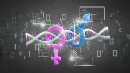 DNA with data and male and female symbol - 3d rendering