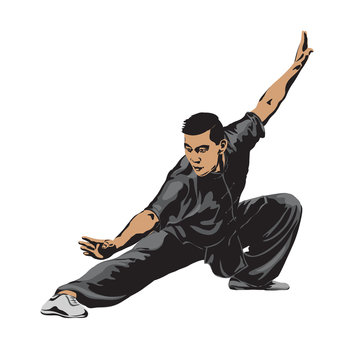 Male showing the rack position Wushu. Art of wushu. Vector illustration.