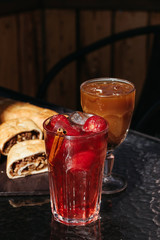 Strawberry drink with ice and cinnamon. Summer cold lemonades, menu.