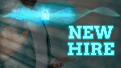 Conceptual hand writing showing New Hire. Concept meaning someone who has not previously been employed by the organization