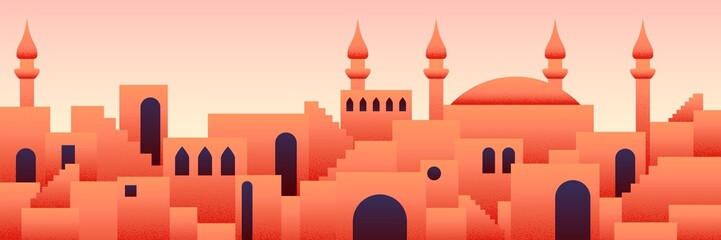 Arabic city panorama in orange desert color with mosque silhouettes