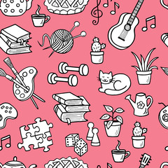 Seamless pattern with hand-drawn doodle home activities, hobbies. Slogan: Stay home