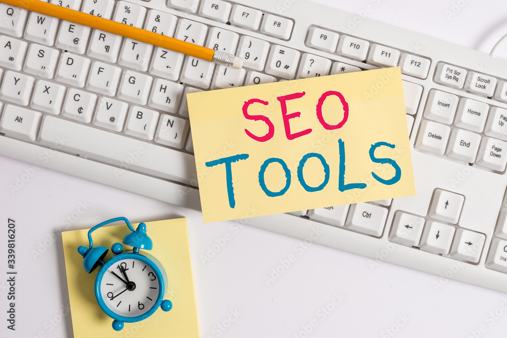 Poster writing note showing seo tools. business concept for process of affecting online visibility of websi