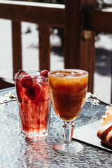 Orange iced coffee, summer cold drink in cafe on street, menu.
