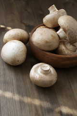Champignon mushrooms in wood bowl