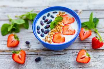 A delicious and healthy breakfast of yogurt with fresh fruit.