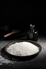close up Japanese rice in dark background, Japanese rice in kitchen