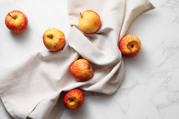 Group of red apple on white marble table, Apples flat lay in modern background