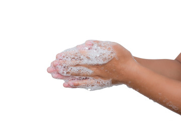 Mom shows daughter proper way to wash hands.