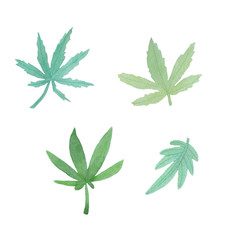 Watercolor set of green big hemp leaves