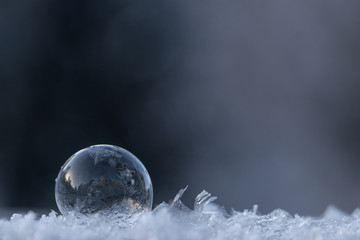 Eine vereisende Seifenblase auf Schnee links unten vor dunklem Hintergrund