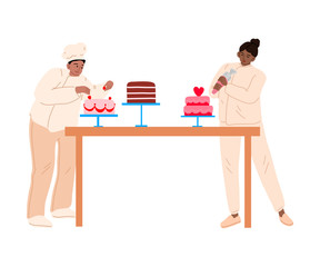 Bakers in aprons decorating cakes with fresh strawberries and cream vector illustration