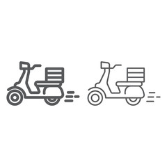 Food delivery line and thin icon, pizza motorcycle and vehicle, scooter sign, vector graphics, a linear icon on a white background, eps 10.