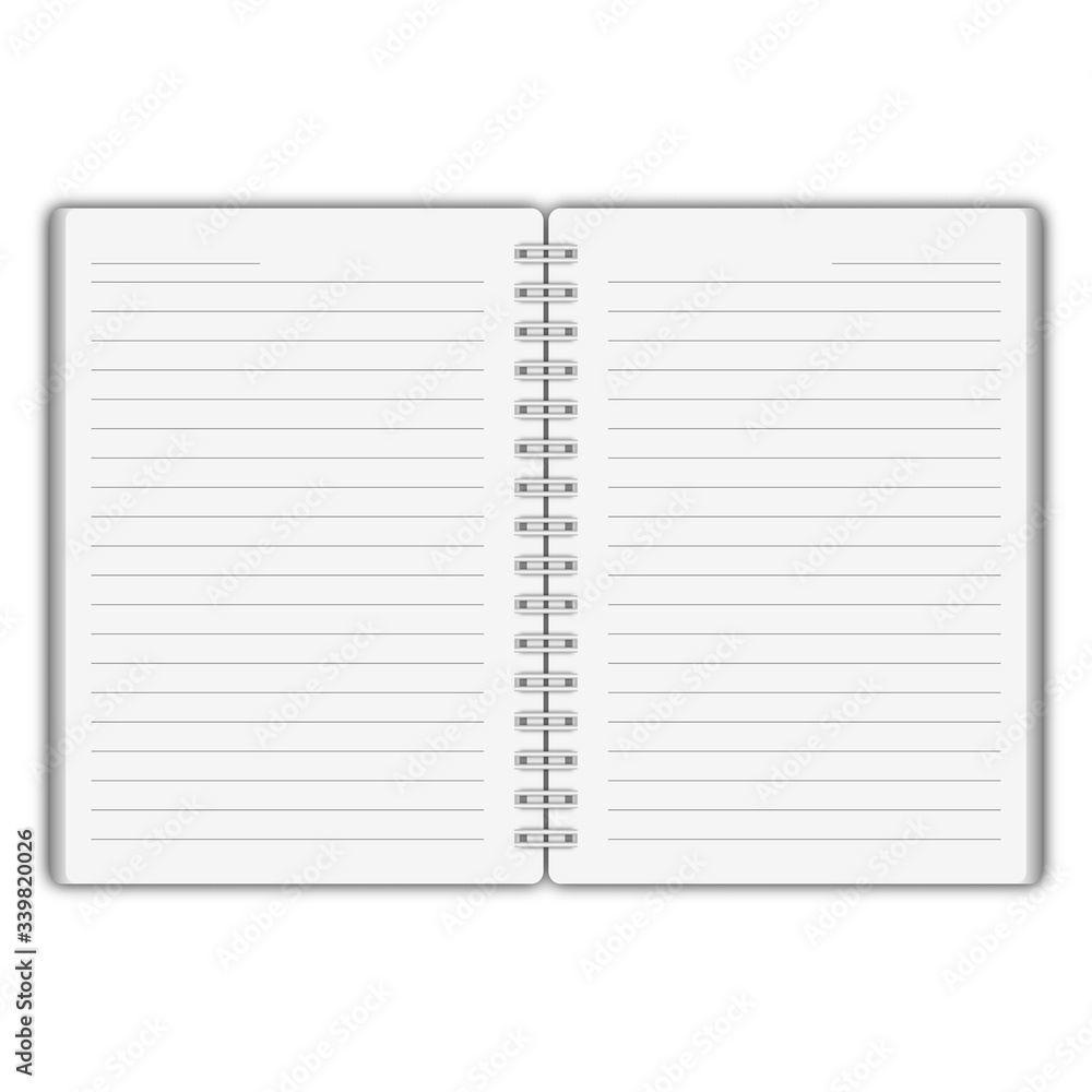 Poster vector realistic opened notebook. vector copybook with metallic silver spiral. template (mock up) of