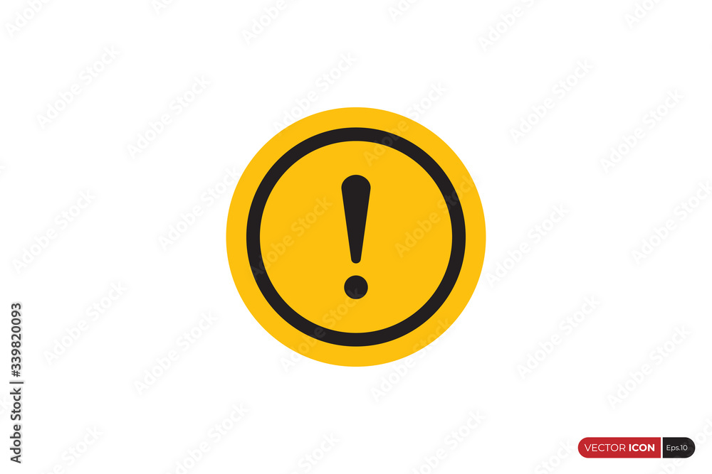 Poster alert sign, warning and exclamation icon with yellow circle and black outline border outside. flat v