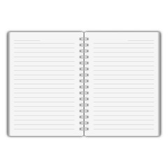 Vector realistic opened notebook. Vector copybook with metallic silver spiral. Template (mock up) of organizer or diary isolated. Vector illustration isolated on white background.