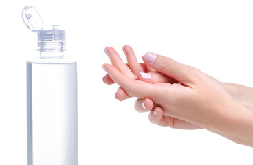 Hand antiseptic plastic bottle on white background isolation
