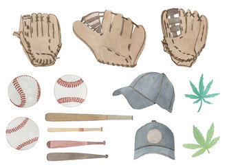 Watercolor baseball set and hemp leaves, painted on white background, hand drawn