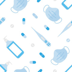 Sanitizer hand gel, thermometer, medical face mask and pills vector seamless pattern background. 
