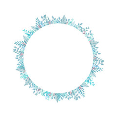 Blue floral frame hand drawn on white background.