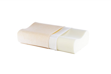 Orthopedic Pillow with a Memory Effect. Medical treatment pillow for sleep. Comfort Memory Pillow under the head with a recess under the shoulder isolated on white background. Sleeping Support Pillow