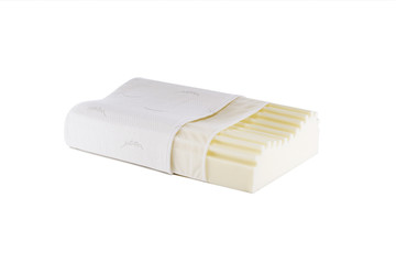 Orthopedic Pillow with a Memory Effect. Medical treatment pillow for sleep. Comfort Memory Pillow under the head with a recess under the shoulder isolated on white background. Sleeping Support Pillow