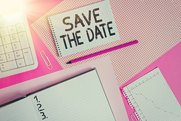 Word writing text Save The Date. Business photo showcasing Organizing events well make day special event organizers Writing equipments and computer stuffs placed above colored plain table