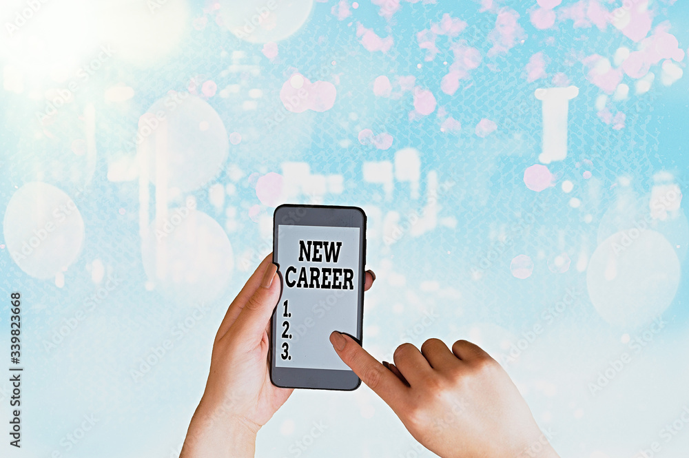 Aufkleber writing note showing new career. business concept for a change to a different type of job from the o