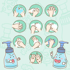 Design elements vector of cute liquid hand soap bottle cartoon characters with steps of how to wash your hands, Protect yourself from COVID-19, Coronavirus prevention.