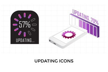 Software or application update icon designs for electronic devices such as smartphones and computers. Cogwheel gear and progress bar with text.