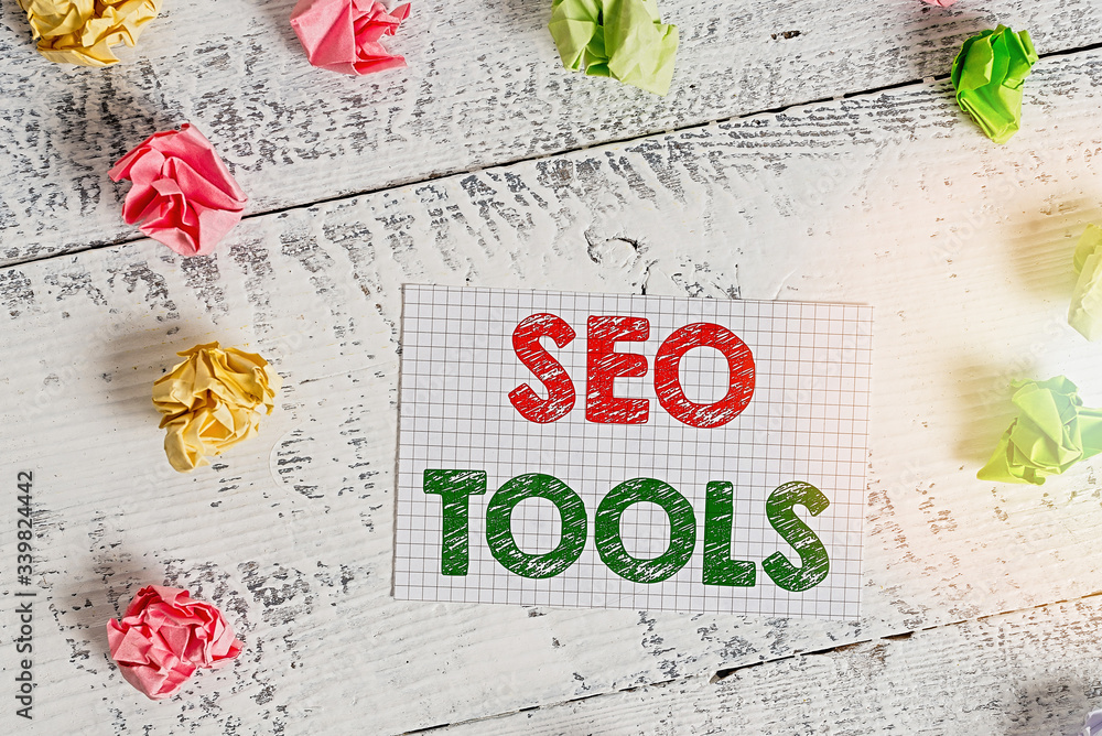 Poster text sign showing seo tools. business photo text process of affecting online visibility of website o