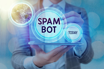 Text sign showing Spam Bot. Business photo text autonomous program on the Internet that sends spam...