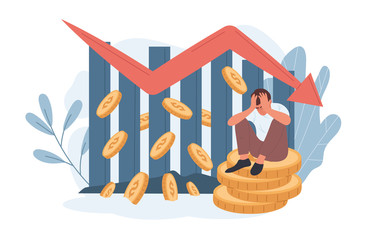 Man having financial problems sitting on gold coins underneath a red arrow showing steep growth and losses, now on a downward trend, vector illustration
