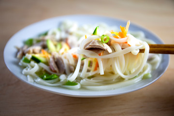 Korean chicken noolde soup which is called Dalgkalgugsu